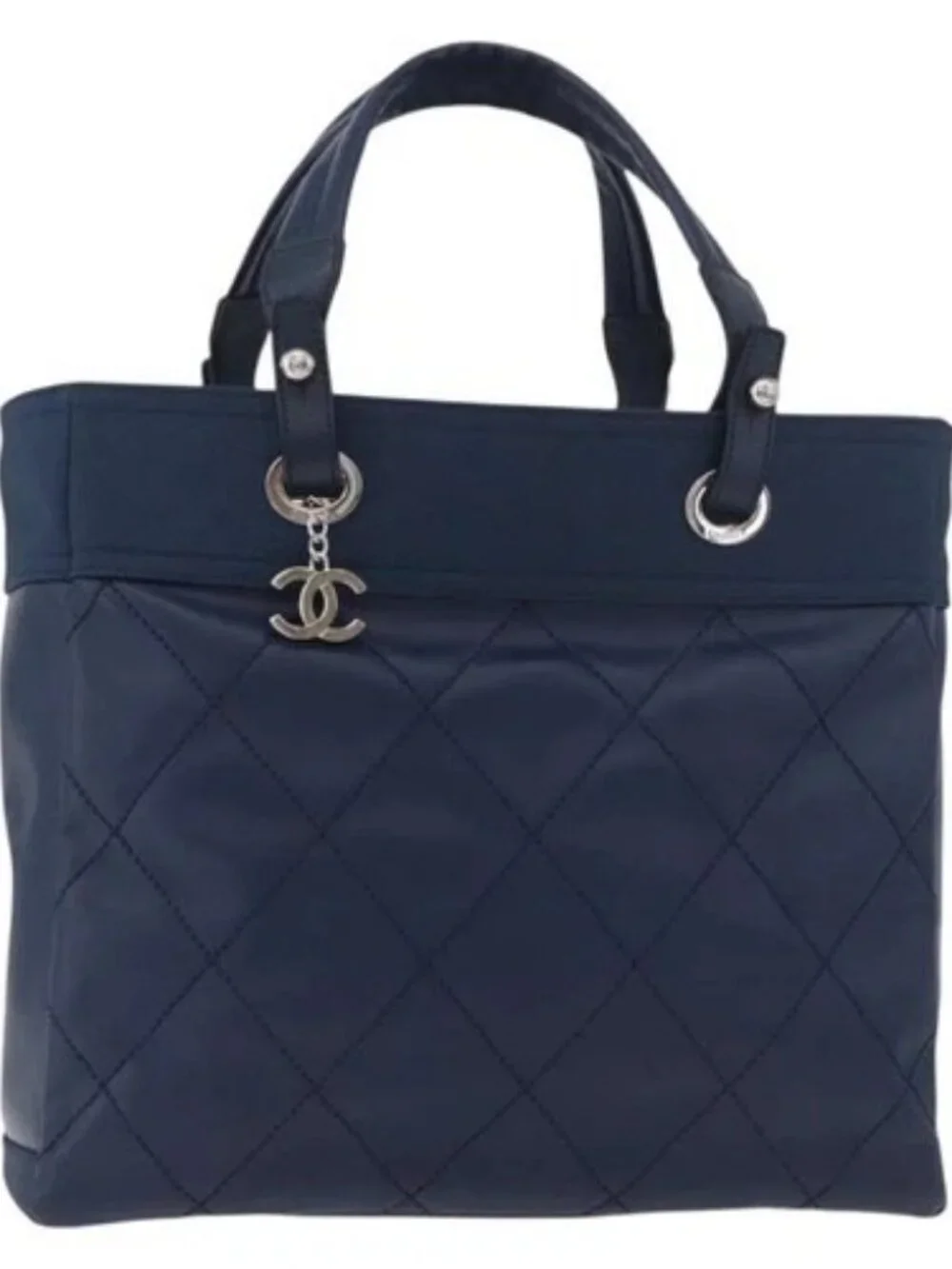 CHANEL Paris Biarritz MM Tote Bag Coated Canvas Navy Silver CC Auth 181519SAV